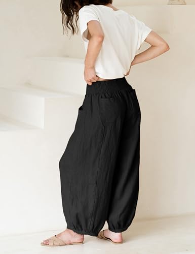 Xiaoxuemeng Womens Wide Leg Pants Cotton Linen Barrel Pants Elastic Waisted Lounge Trousers with Pockets4