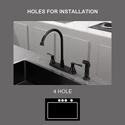 Kirlystone Matte Black Kitchen Faucet With Pull-Out Side Sprayer, High Arc Black 2-Handle Centerset Kitchen Sink Faucet With Supply Lines For 4-Hole Installation #TOP4