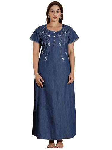 Image of 9shines Label Stylish Denim Cotton Nighty Maxi for Women | Full Length Trendy Nightgown | Premium Nightdress | Nightwear | Embroidery Nighty with Pocket (9SDS)