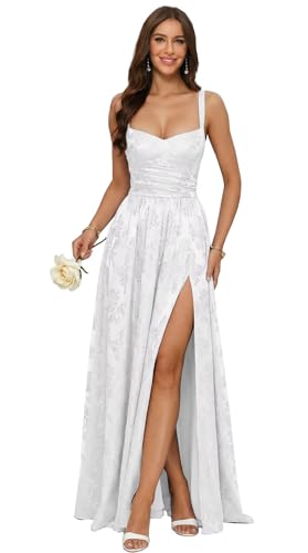 OEUVIGF Jacquard Satin White Prom Dresses with Slit V Neck Jacquard Satin Long Spaghetti Straps A...