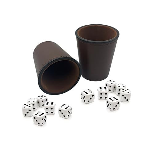 DELALO Würfelbecher aus Kunstleder mit 6 Würfeln – 2er Set (Braun - Braun)