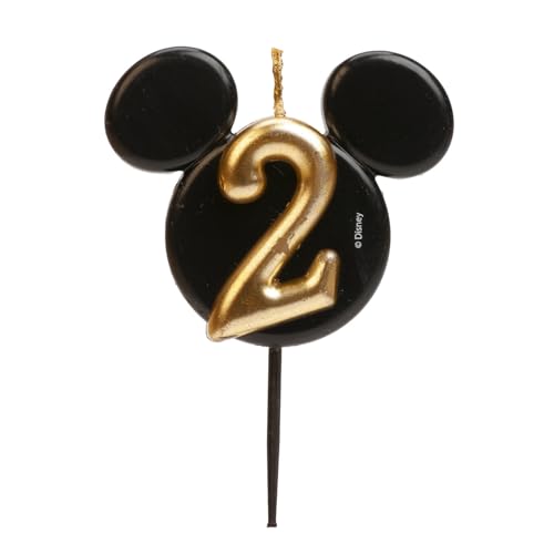 dekora - Vela de aniversário de Mickey Mouse - velas da Disney - cera de parafina sem fragrância, velas para crianças com orelhas de rato de Mickey Mouse preto e dourado, tamanho 8,5 cm - número 2