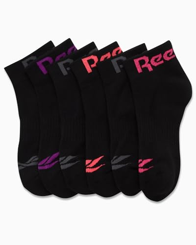 Image of Reebok Womens Quarter Socks Moisture Wicking Cushioned Ankle Socks, 6 Pack | Stretch Performance Fabric, Cushioned Heel & Toe, Secure Arch Support, Quarter Cut, Shoe Size 4-10