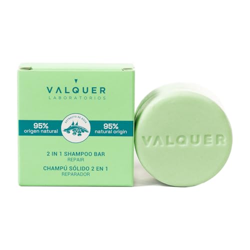 Valquer Champú y Acondicionador Sólido 2 en 1 Reparador. Limpia, Hidrata y Suaviza el Cabello Dañado y Quebradizo con Extracto de Soja. Todo Tipo de Cabello. Ingredientes Naturales y Vegano. 70 g.