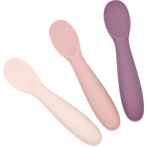 WeeSprout Baby Spoons for Self Feeding 6 Months +, Soft &amp; Durable Silicone Utensils for Sensitive Gums &amp; Teeth, Easy Grip Handles &amp; Shorter Length for Little Hands, 3 Pack + Carrying Case