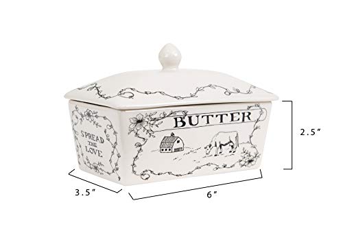 Creative Co-Op Country Stoneware Butter Dish with Lid, "Spread the Love" Message, and Farm Line Drawing, White and Black, Food, Microwave, and Dishwasher Safe