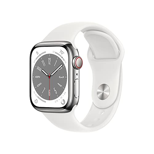 Apple Watch Series 8 [GPS + Cellular 41mm] Smart Watch w/Silver Stainless Steel Case with White Sport Band - M/L. Fitness Tracker, Blood Oxygen & ECG Apps, Always-On Retina Display, Water Resistant by Apple - Used condition - US$309.68