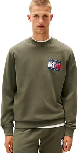 Tommy Jeans Sudadera Hombre Flag Crew con Cuello Redondo, Verde (Pewter Green), XL