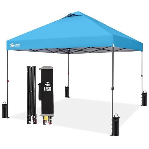 Image of CROWN SHADES 10x10 Pop Up Canopy Tent - Patented Center Lock One Push Instant Outdoor Canopy Beach Tent with STO-N-Go Bag 8 Stakes & 4 Sand Bags,Sky Blue