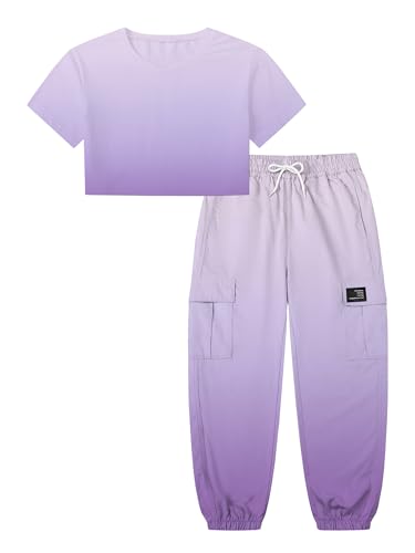 Image of Betusline Girls' Gradient Short Sleeve Crop Tops & Cargo Pants Set, Regular Fit,Perfect for Young Girl,Light Purple Gradient, 7-8 Years = Tag 140