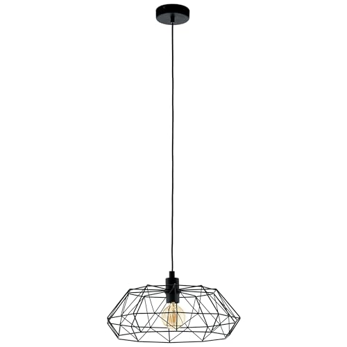 Image of Eglo Carlton 2 Pendant Lamp, Single-Light Vintage Pendant, Retro Steel Hanging Lamp, Colour: Black, Socket: E27