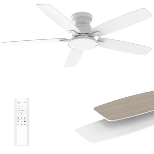 Flush Mount Ceiling Fan with Light, 52 Inch, Remote Control, 3CCT Dimmable LED, 6-Speed Silent Reversible DC Motor, Low Profile Hugger Ceiling Fan for Indoor/Outdoor 90-264V 50/60Hz Fresh White