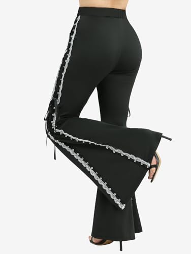 Rosegal Plus Size Women Elastic High Waisted Flare Pants Lace-up Lace Hem Bell Bottom Pants3