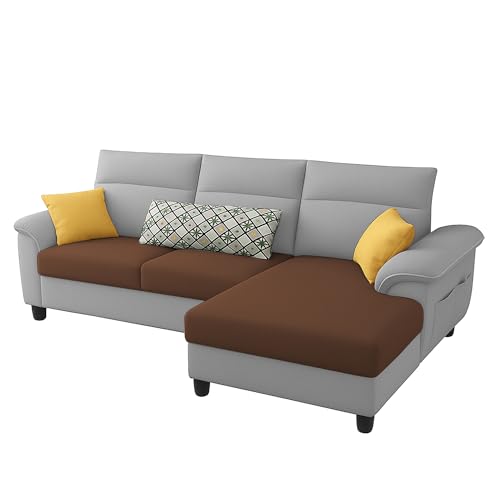Image of Casaliving Seams RHS 4 Seater L Shape Sofa for Living Room (Brown Grey Fabric) Premium Fabric Sofa