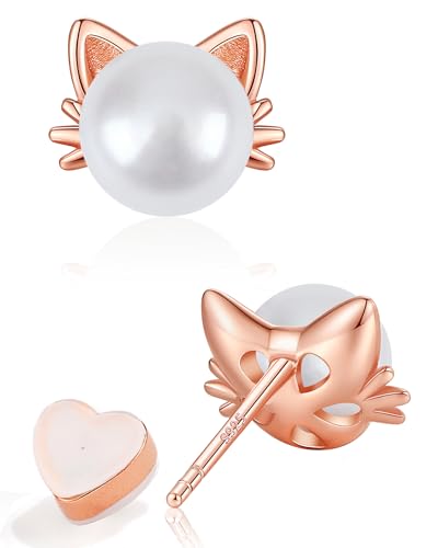 PANSTAR Hypoallergenic 925 Sterling Silver Pearl Cat Earrings for Women - Cute Dainty Cat Stud Earrings, Valentine’s & Mother’s Day Gift with Box