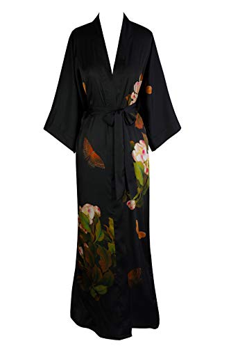Women s Charmeuse Kimono Robe Long - Watercolor Floral - Peony & Butterfly- Black