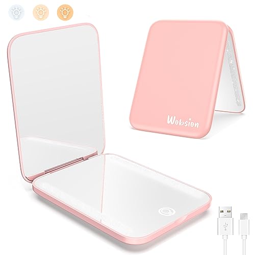 WOBSION Miroir de Maquillage, Rechargable Miroir de Voyage Grossissant 1x/3x, 3 Température de Couleur Réglable, Petit Miroir Grossissant pour Femmes, Rectangle, Rose