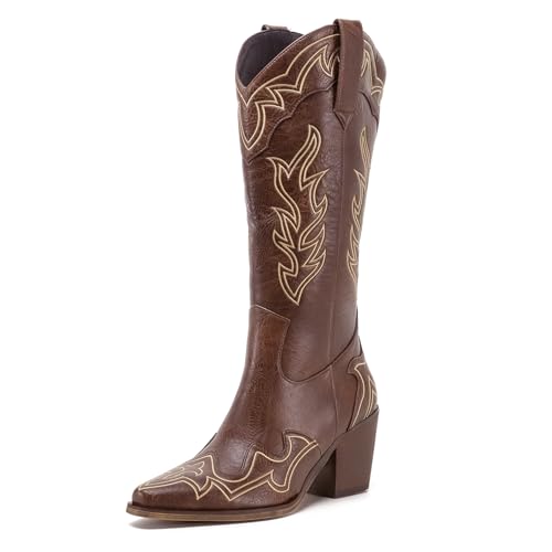 Image of ADAMUMU Womens Wide Calf Cowboy Boots Classic Western-Style Cowboys Boots for Women Pointed Toe Womens Cowgirl Boots with Chunky Heel Non-Slip Sole for Adding Timeless Elegance to Your Wardrobe