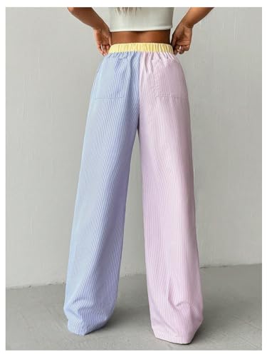 OYOANGLE Women's Colorblock Striped Baggy Pants Elastic Waist Wide Leg Casual Trousers3