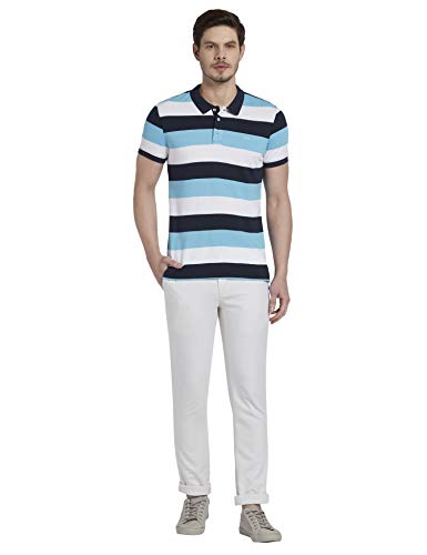Image of Colorplus Striped Medium Blue Coloured Casual Cotton T-Shirt (Size:- XXL)
