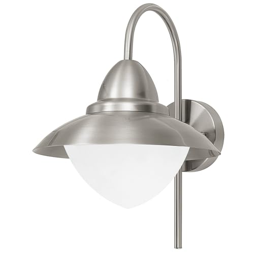 EGLO Außen-Wandlampe Sidney, 1 flammige Außenleuchte, Wandleuchte aus Edelstahl in Silber und Glas in Weiß, opal-matt, E27 Fassung, IP44