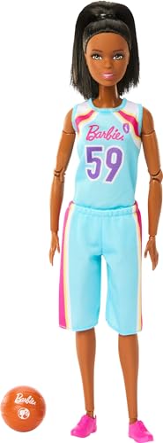 Barbie Made to Move Doll & Accessories, Brunette Basketball Player Wearing Removable Uniform with Ball, 22 Bendable Joints