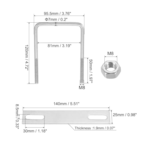 Image of PATIKIL M8x80x120mm Square U-Bolts Kit, 2Set 304 Stainless Steel Square U Shaped Bolts Replacement Parts with Frame Plates and Nuts for Ski Board Sailboat Trailer