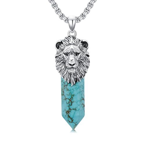 Collier tête de lion pour homme en argent 925 véritable et turquoise vintage