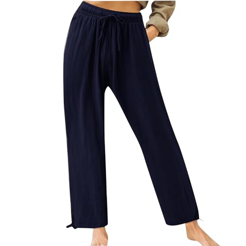 Summer Cotton Linen Pants Women High Waisted Drawstring Baggy Palazzo Pants Casual Adjectable Wide Leg Trousers