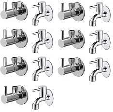 Spazio Stainless Steel Turbo Angle Valve With Bib Cock Combo Pack Foam Flow Water Taps With Wall Flange (Pack of 7) (Chrome Plated, Brass Disc)