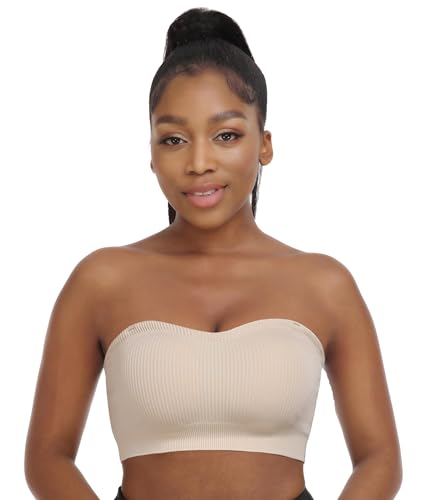 Image of Zimcti Strapless Bras for Women-Non Slip Silicone Grip Bandeau, Wirefree Seamless Tube Top, Removable Pads, Clear Strap