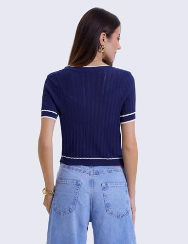 DRESSTELLS Women Cardigan Sweater Summer 2025, V Neck Lightweight Button Down Shirt, Ribbed Cropped Casual Top4