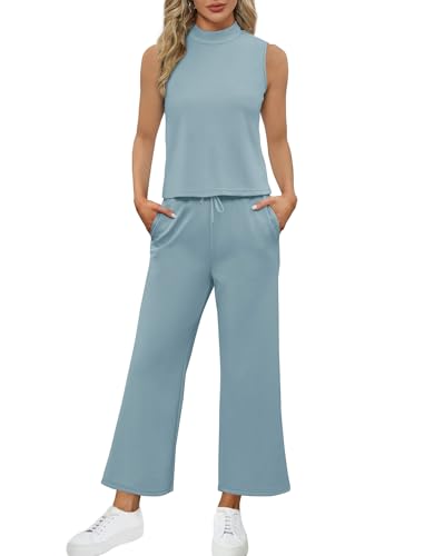 Image of SAMPEEL Two Piece Sets for Women Summer Outfits Lounge Sets Mock Neck Tops Wide Leg Crop Pants Vacation Travel Outfits
