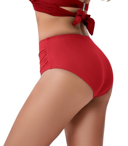 Image of COCOPEAR Full Coverage Bikini Bottoms for Women Mid Rise Bathing Suit Bottoms for Women Ruched Tummy Control Swim Bottoms