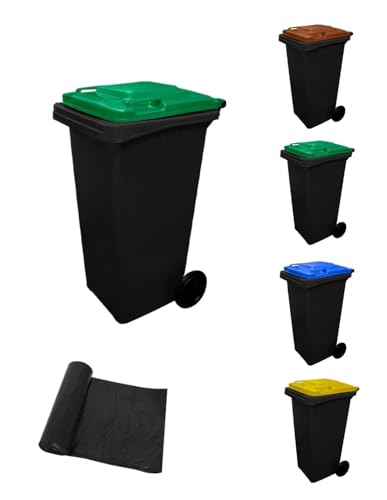 JARDIN202   Contenedor de basura reciclables Ecodiseño 120L 2 ruedas | 120 L + Bolsas (TAPA VERDE)