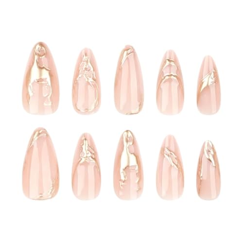 Image of Gold Chrome French Tip Press On Nails Almond Shape | Nude Glossy Fake Nails with Metallic Swirl Design | Long Stiletto Stick On Nails Reusable Full Cover Artificial Nails for Women | Reusable Nail Extension For Women With Glue Tab | Long Lasting Glossy Finish Artificial Nails | Easy to Apply Fake Nails for Salon Look at Home | Stick-On Manicure Kit For Parties, Weddings And Gifts | Trendy Nail Art Set for All Occasions (Peach-GoldStiletto)