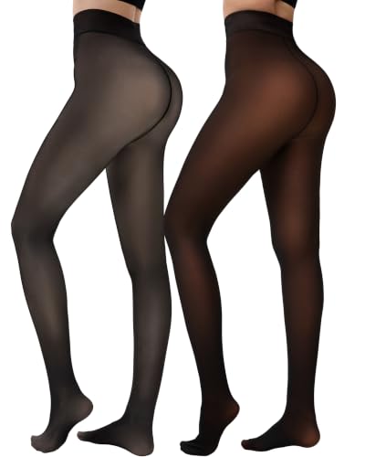 Image of HONGTEYA 2 Pairs Fleece Lined Tights Women - Warm Sheer Pantyhose Fake Translucent Tights Winter Thermal Leggings