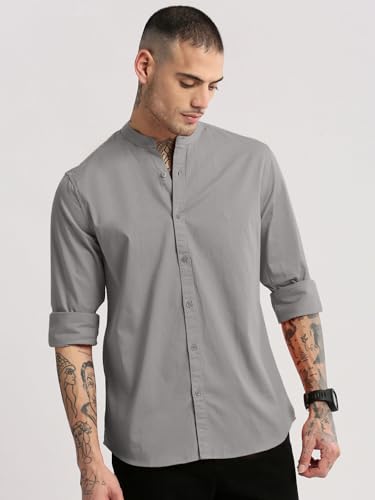 Image of SHOWOFFFF Men Solid Casual Shirt | Mandarin Collar Full Sleeves Cotton Shirt for Mens | Slim Fit Regular Length Shirt for Men's