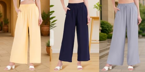 Image of Buy That Trendz Palazzo Pants for Women Rayon Elasticated Regular Fit Flared Wide Leg M to 6XL Pack of 3