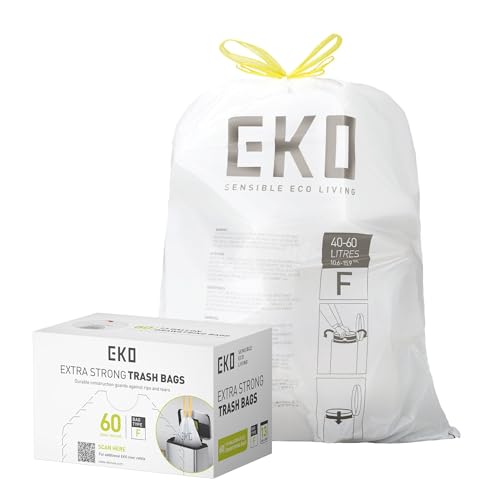 EKO - Bolsas de Basura 40-60 L | 60 Unidades | con Asas Autocierre, Extrafuertes y Antigoteo, para Cubo de Cocina y Hogar, Blancas - Código F