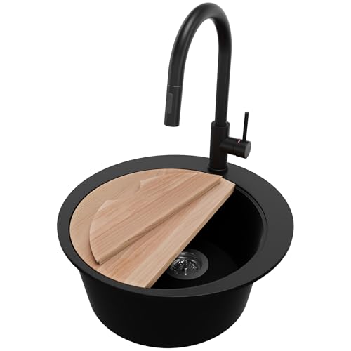 PRIMAGRAN Evier Cuisine en Granit Noir 50x50cm, Lavabo 1 bac + Robinet 40x20cm + Set d’accessoires, Évier à Encastrer au Meuble 45cm - Pise S041