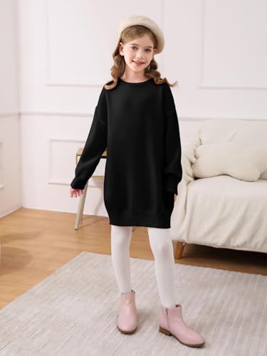 Image of Haloumoning Girls Sweater Dress Casual Crewneck Knit Long Sleeve Fall Winter Dress Pullover 5-14Y