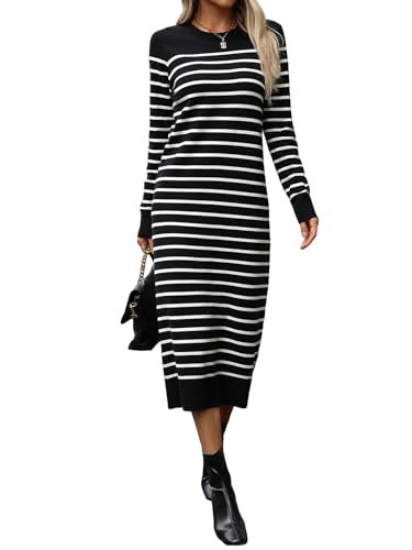 Image of Long Sweater Dress for Women Loose Knitwear Striped Long Dresses Stylish Autumn and Winter Outfits