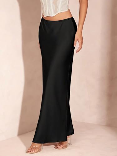 High Waisted Solid Satin Skirt with Lace Maxi Length Basic Women's Summer Casual Vinage Skirt3