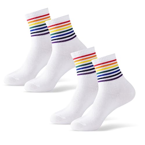 TPTGIAR 2 Paar Pride Socken Unisex, Gestreifte Muster Regenbogen Socken, Atmungsaktive LGBTQ Tennissocken Damen aus Weiß Baumwolle, Pride Outfit Sportsocken für Damen und Herren (36-43)