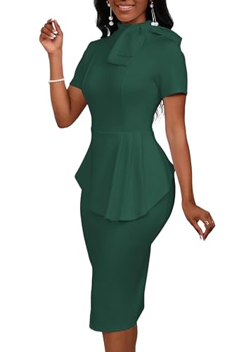 Image of PerZeal Women's Fashion Peplum Bodycon Short Sleeve Work Dresses Bow Club Ruffle Pencil Formal Cocktail Dress