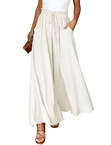 Image of Voqeen Womens Wide Leg Trousers Summer Culottes Elastic High Waist Flowy Palazzo Trousers Loose Flared Pants Casual Baggy Trousers with Drawstring Pockets Lightweight Work Bottoms for Ladies Beige