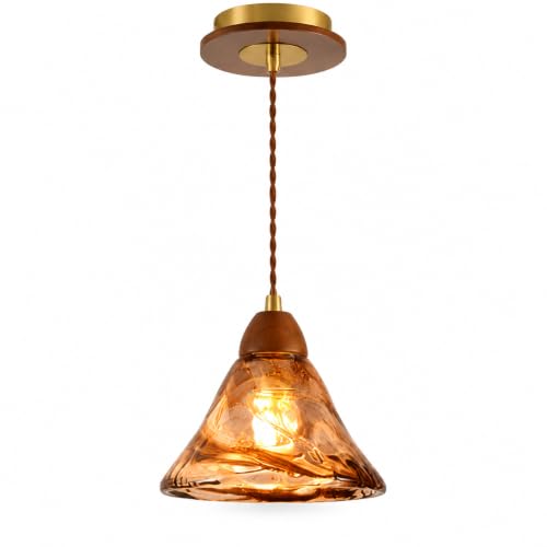 Image of Vintage Pendant Light, Amber Glass with Solid Wood Holder, Dark Brown