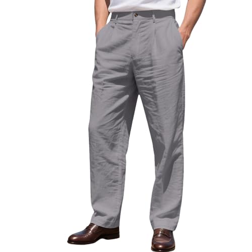 Men Spring/Summer Solid Color Casual Linen Pants with Button Down Loose Straight Leg Business Work Pants