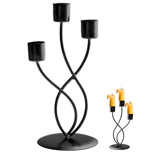 Candelabros de Hierro de 3 Brazos Portavelas Oro Negro Portavelas Alto Cena Vintage Moderno Porta Velas Decorativo para Mesa Mantel (Negro)